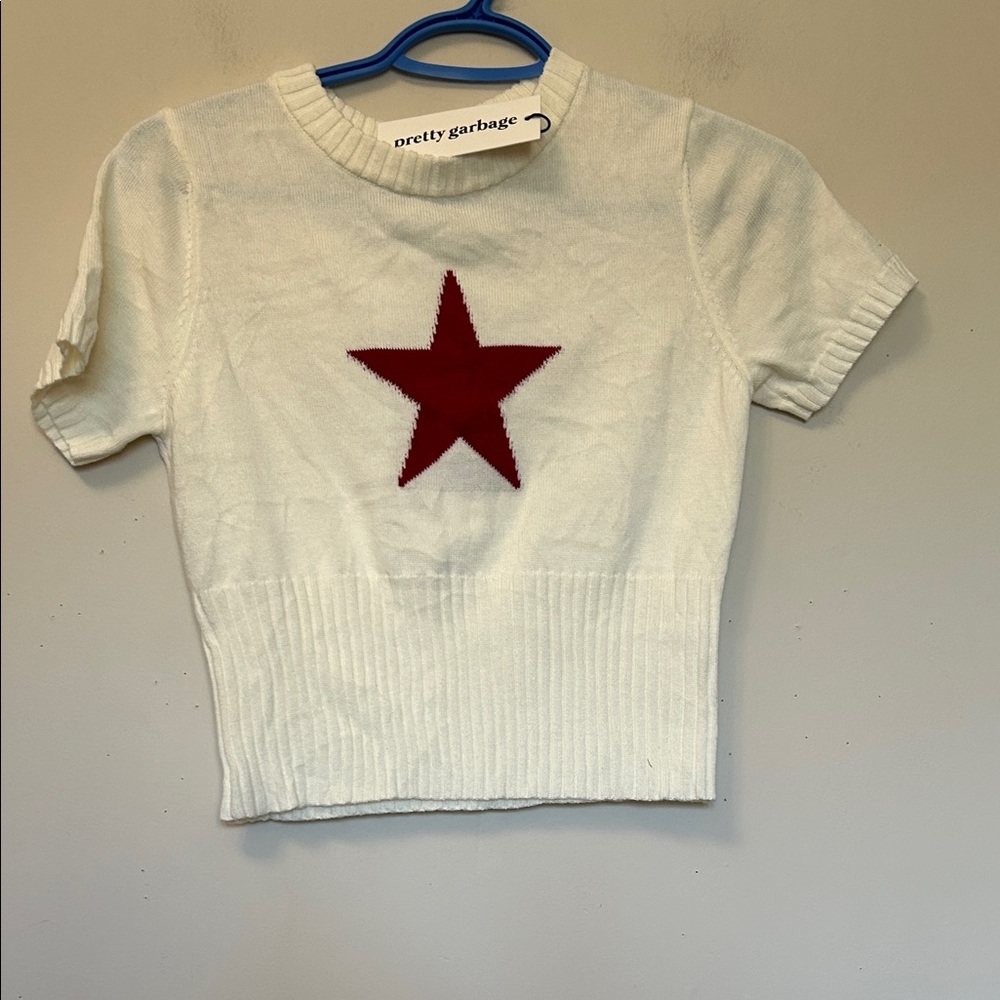 Pretty Garbage short sweater off white with red star short sleeves size Sm  NWT